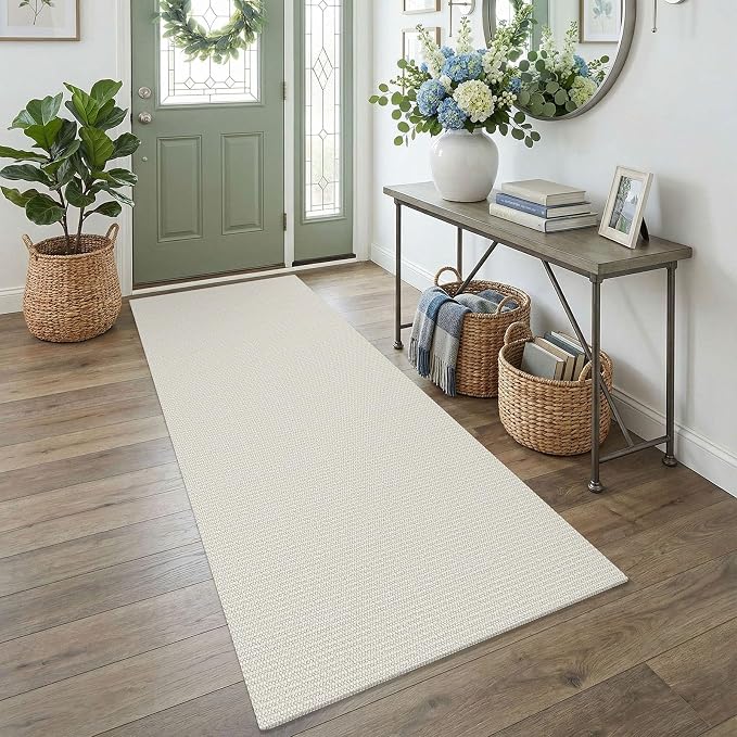 EARTHALL Washable Runner Rug 3x7 Ft Non Slip Runners for Hallways Wide Cotton Rubber Backed Kitchen Runner Braided Indoor Floor Carpet Runners for Entryway, Hallway, Kitchen, Bedroom, Cream/Grayish