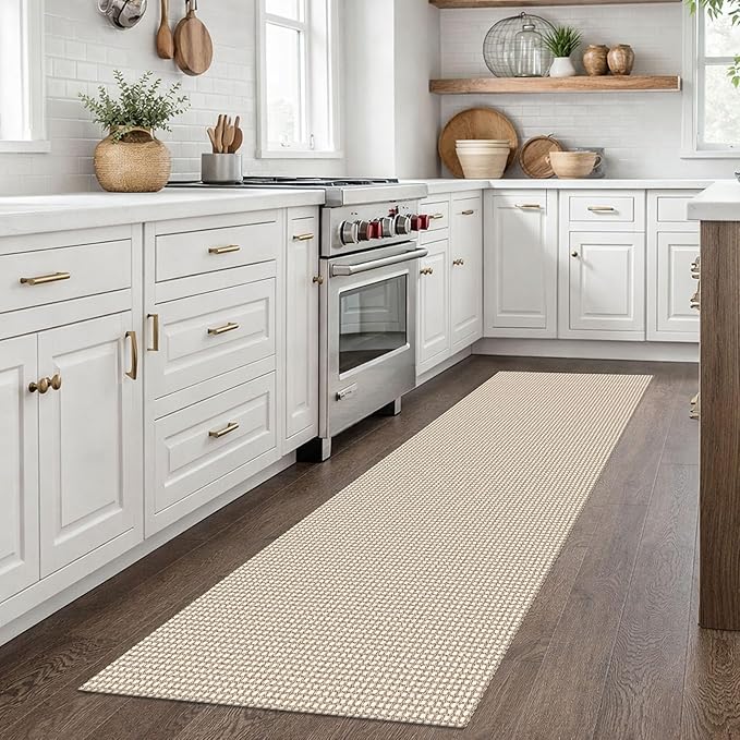 EARTHALL Woven Runner Rug 2x7 Ft Washable Runners for Hallways Cotton Non Slip Rubber Backed Kitchen Runner Braided Indoor Floor Carpet for Entryway, Hallway, Kitchen, Bedroom, Beige/Ivory