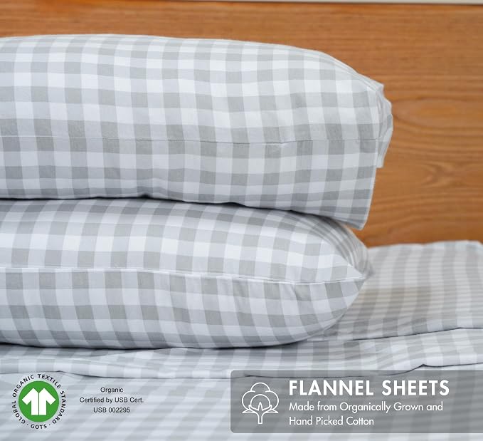 RUVANTI Flannel Sheets Queen Size - GOTS Certified 100% Organic Cotton, 4 Piece Warm, Soft & Breathable Set, Deep Pocket Snug Fit, Double Brushed Cozy All Season Bedding, Open Gingham