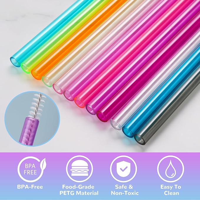 NiHome 12-Pack Plastic Reusable Drinking Straws Fit for Stanley 40 oz 30oz 64 oz Tumbler, 12 Colors 12 In Reusable Straws Fit for Stanley Cups, 2 Brushes, BPA-Free for Cold & Hot Drinks (12 Colors)