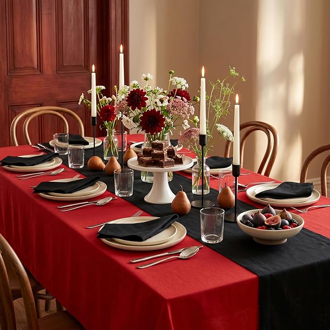 Solino Home Linen Red Tablecloth 60 x 144 Inch - 100% Pure Linen Rectangular Tablecloth - Machine Washable Table Cloth for 4th of July - Fete