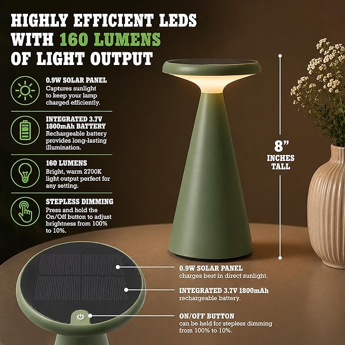 Portable Solar Powered Mushroom LED Table Lamp - Indoor/Outdoor Use - Stepless Dimming - Up to 45 Hour Rechargeable Battery - 1.6W, 160 lumens, 2700K - IP44 Weather Resistant - Green