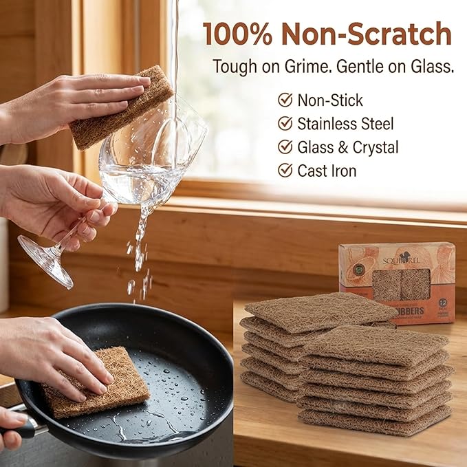 SQUIRREL Natural Coconut Coir Fiber Kitchen Scrubbers 12 Pack Biodegradable Non Scratch Dish Sponges for Eco Friendly Household Cleaning and Zero Waste Living