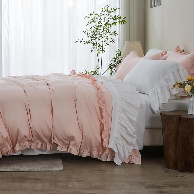 Simple&Opulence 100% Organic Cotton Sheet Set, Long Ruffle Bed Sheets (1 Flat Sheet, 1 Fitted Sheet and 2 Pillowcases) Elegant Shabby Chic Bedding Farmhouse Charming Vintage - White, King