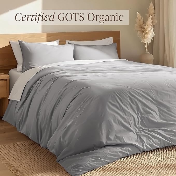 Bare Home 100% Organic Cotton Full Duvet Cover Set - Crisp Percale Weave - Lightweight & Breathable - Cooling Duvet Cover Set (Full, Light Grey)