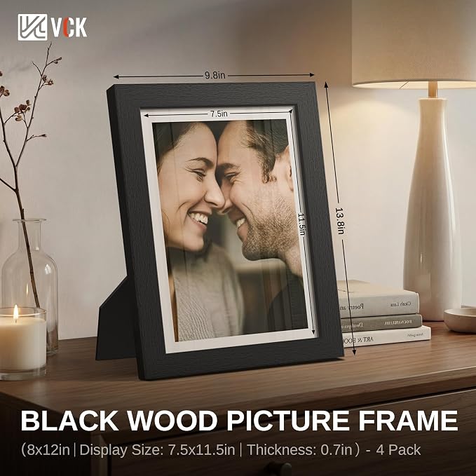 VCK 8x12 Picture Frame Black - 4 Pack, Gallery-Quality Wood Poster Frames, 1.1-Inch Wide Border, Polished Plexiglass, Vertical or Horizontal Wall & Tabletop