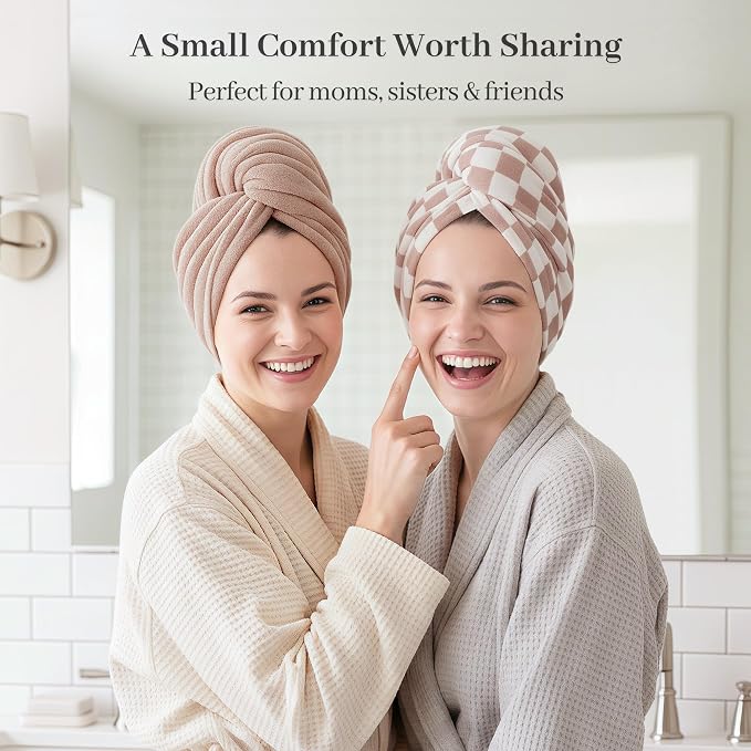 ROLSHOL Cotton Hair Towel Wrap for Women, 2 Pack 100% Cotton Hair Drying Towels for Long, Thick & Curly Hair, 32" x 11" Large Hair Turban for Wet Hair with Elastic Band (Checkered Pattern)