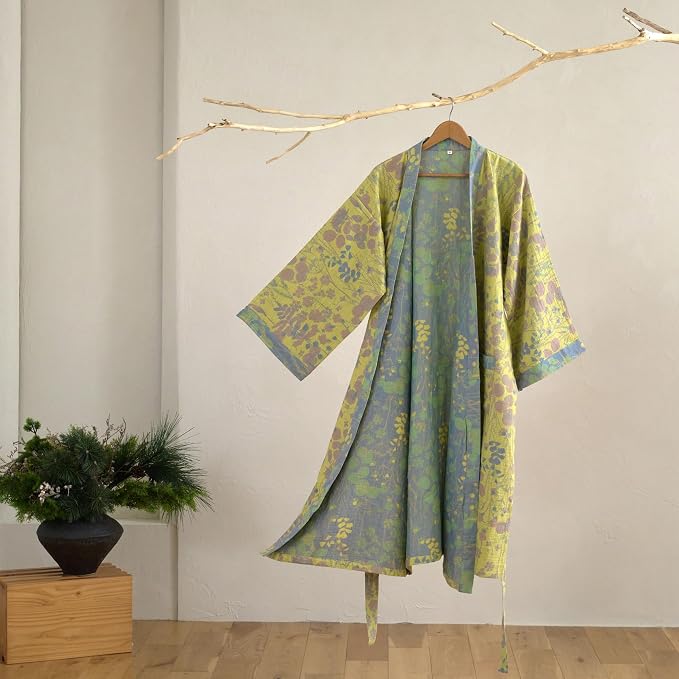 100% Cotton Gauze Ginkgo Leaf Kimono Robe, Long Knit Loose Bathrobe Nightgown Ladies Loungewear Sleepwear for Women