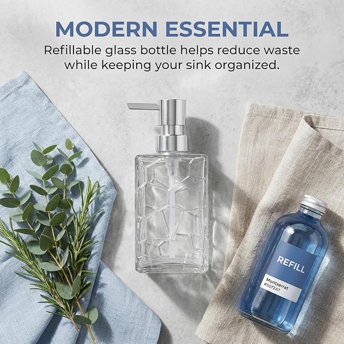 Clear Glass Soap Dispenser with Pump Geometric Texture Refillable Decorative Hand Soap Dispenser for Bathroom Kitchen Countertop