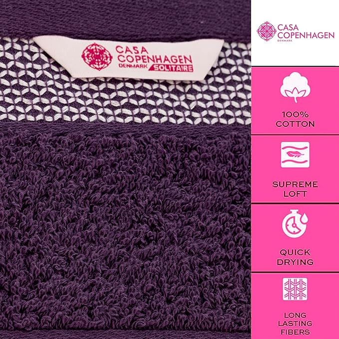 CASA COPENHAGEN Solitaire 6Pcs 100% Egyptian Cotton Large Designer Towels Gift Set- Dark Purple, 600GSM, 2Bath 2Hand 2Washcloths, Bath Towels for Bathroom Set for Women & Men