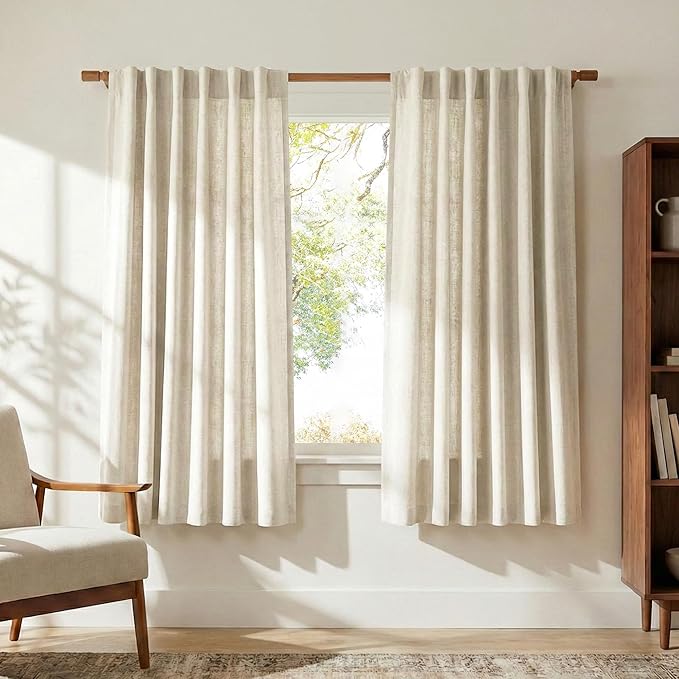 NICETOWN Cream Curtains 63 inch Length, Rod Pocket & Back Tab Faux Linen Semi Sheer Drapes Privacy with Light Filtering Window Treatments Washable for Living Room, W52 x L63, 2 Panels