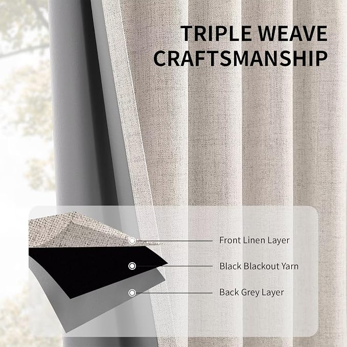 CUCRAF Linen 100% Blackout Curtains 84 Inch Length 2 Panels Set, Back Tab and Rod Pocket Curtain for Living Room Bedroom, Room Darkening Window Drapes Thermal Insulated, (52x84 inch, Greyish White)