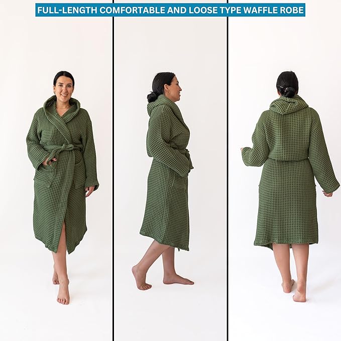 Unisex Hooded Waffle Robe for Women & Men 100% Turkish Cotton | Quick-Dry Bathrobe | Cozy Housecoat for Lounging