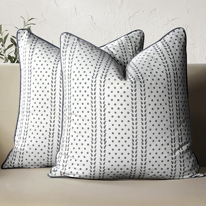 CPC 100% Cotton Throw Pillow Covers 20x20 Inch, Set of 2 Block Print Pattern Couch Pillow with Hidden Zipper, in Collabaration with Southern Source- Misty Grey Trelis
