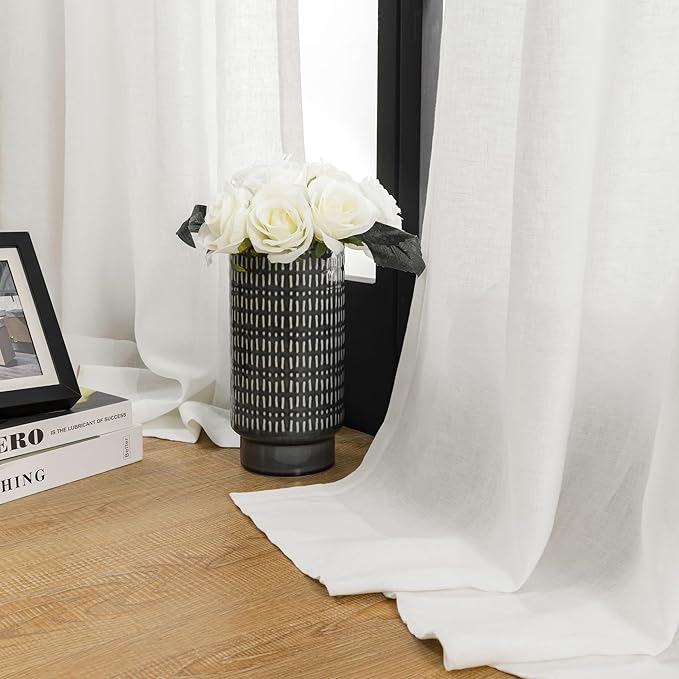 ATLINIA 100% Linen Sheer Curtain White Panel - 1 Panel Window Natural Linen Sheer for Bedroom Living Room Farmhouse Light Curtain Filtering Door Shades Privacy Rustic Boho Door Drape 84 inch