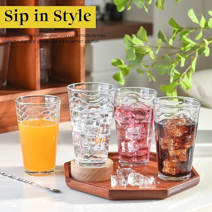 ALINK 16 oz Vintage Drinking Glasses, Set of 6 Wave Line Highball Glass Cups Bar Glasses, Clear Heavy Base Stemmed Water Glasses for Beer, Iced Coffee, Cocktail, Wine, Iced Tea, Dishwasher Safe