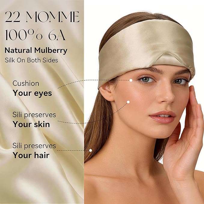 Silk Sleep Mask 22 Momme100% Mulberry Silk & 3.5cm Silk Hairband Set, Upgraded Light Blocking NosePad, Soft Wide Adjustable Strap, Comfortable Eye Mask for Men Women Home Travel (Khaki)