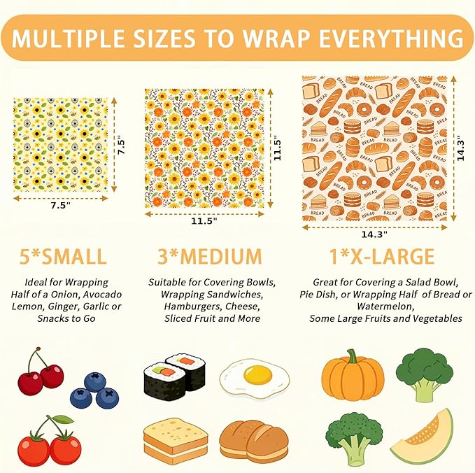 Reusable Beeswax Wraps, 9 Pack, For Sandwich, Bread, Fruit, Bowl, Eco-Friendly, Organic Cotton, Sustainable, Zero Waste, Plastic-Free, 1XL, 3M, 5S, Assorted Bread Floral Bee Patterns