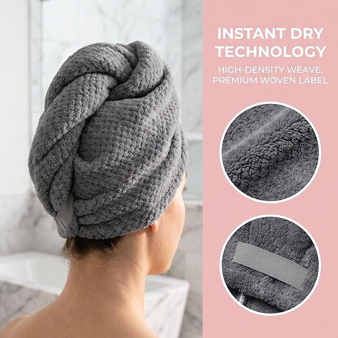 Microfiber Hair Towel wrap for Long Curly Hair Super Absorbent Quick Drying Turban Cap Thick lint Free Lightweight 90g Travel Essential for Women After Shower Anti frizz (Blue, Pink & Gray)