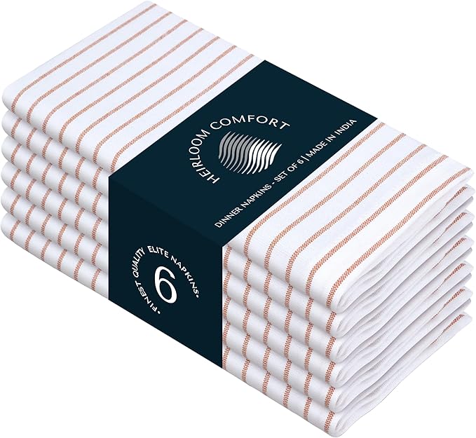 Rust Stripe Cloth Napkins (Set of 6), 18x18 Inch, 100% Cotton, Durable and Reusable Napkin, Classic Striped Table Linen for Dinner Tables, Holiday Meals, Fall Events, and Daily Use