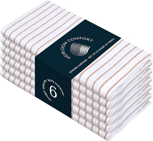 Rust Stripe Cloth Napkins (Set of 6), 18x18 Inch, 100% Cotton, Durable and Reusable Napkin, Classic Striped Table Linen for Dinner Tables, Holiday Meals, Fall Events, and Daily Use