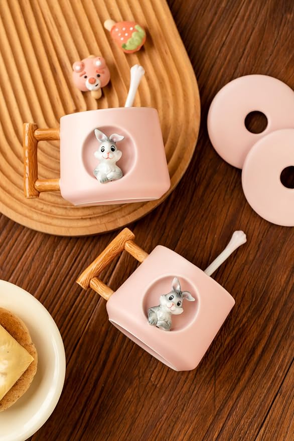 DIHOclub Adorable 3D Ceramic Rabbit Mug with Lid and Spoon Perfect for Coffee, Tea, Milk, and More - Ideal Gift for Bunny Lovers - 14 Ounces (Pink)