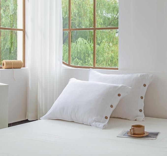 EVERLY 100% Linen Pillowcases Set of 2, French Linen from Normandy, 20X30Inch Standard Size, Natural Color, Coconut Buttons Closure, Flax Pillowshams-Pillowcase-White