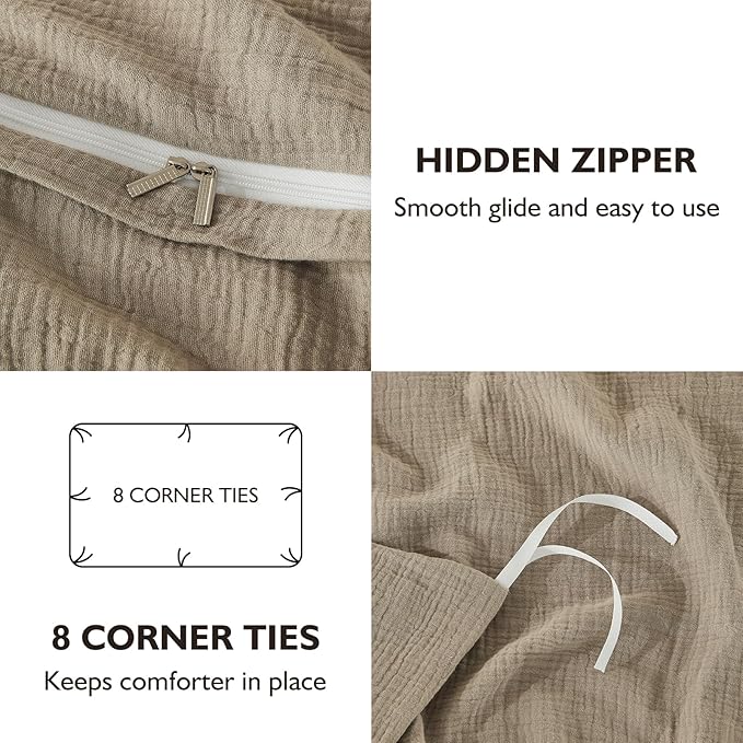 EMME Muslin Cotton Duvet Cover Set Twin Size Khaki Linen Like Soft Breathable Lightweight Summer Comforter Cover Set with Zipper Closure (Khaki, Twin, 68"x90")
