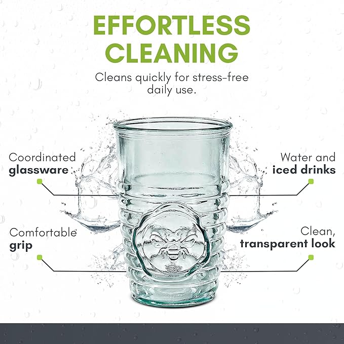 COURONNE CO. Clear Recycled Drinking Glass Tumbler, Perfect for Cocktails, Refreshments & Everyday Use, Restaurant Grade, Crafted without lead-based materials (11.2 Oz, Bee), Pack of 6