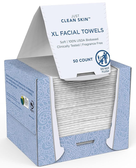 Dry Face Towels 50 Count | 10" x 11.5" Extra Large Disposable Dry Wipes | Plant-Based Viscose, 100% USDA Biobased | Makeup Remover Face Wipes | Ultra Soft Towelettes for Sensitive Skin