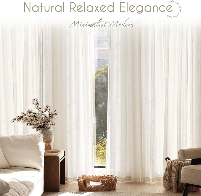 96 inch Long Linen Curtains 2 Panels for Living Room Back Tab Cream Ivory Light Filtering Semi Sheer Curtain 96 inches Long Boho Farmhouse Linen Drapes Floor to Ceiling Length 8 FT 60x96