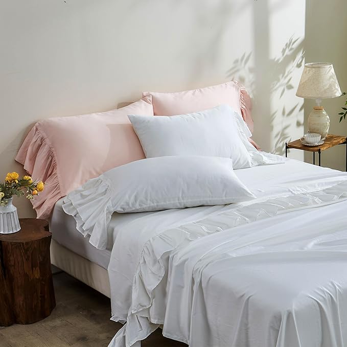 Simple&Opulence 100% Organic Cotton Sheet Set, Long Ruffle Bed Sheets (1 Flat Sheet, 1 Fitted Sheet and 2 Pillowcases) Elegant Shabby Chic Bedding Farmhouse Charming Vintage - White, King