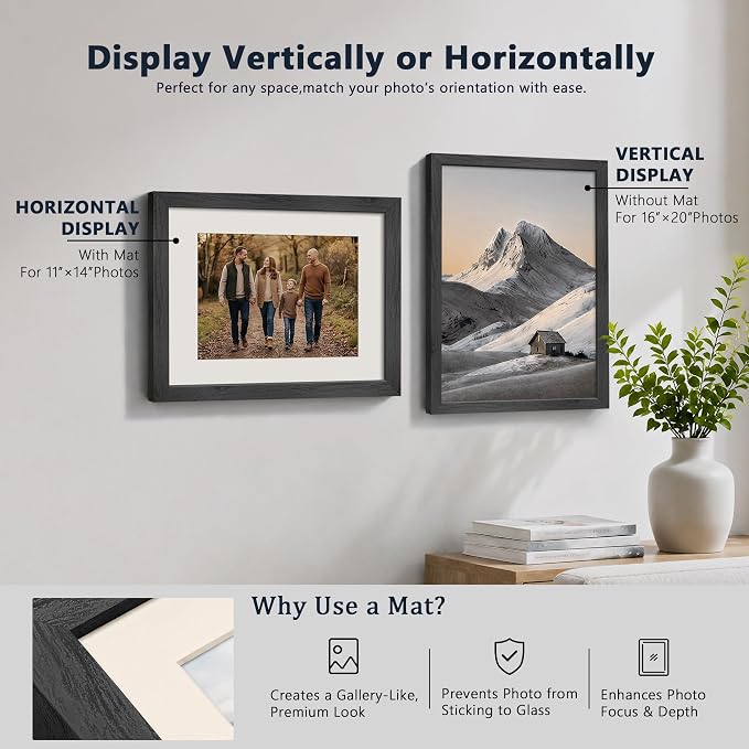 VCK 16x20 Picture Frames Black 3 Pack, Wide Border Solid Wood, Tempered Glass, Display 11x14 Photo with Mat or 16 x 20 without, for Home, Office, Gallery, Woodgrain Series, Wall Hanging