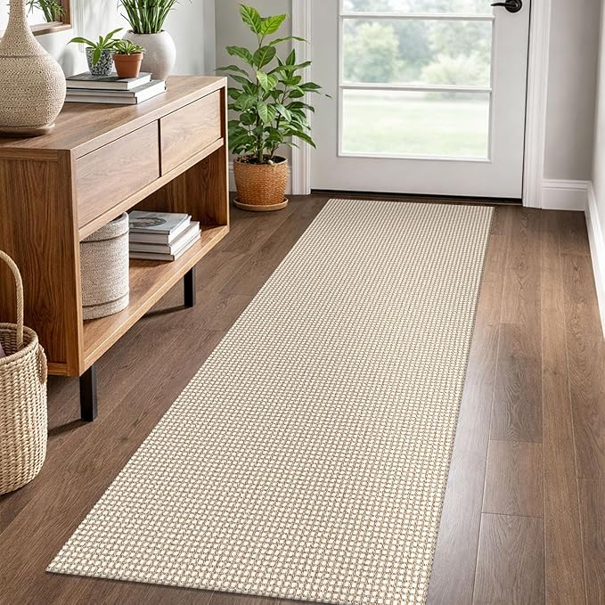 EARTHALL Woven Runner Rug 2x6 Ft Washable Runners for Hallways Cotton Non Slip Rubber Backed Kitchen Runner Braided Indoor Floor Carpet for Entryway, Hallway, Kitchen, Bedroom, Beige/Ivory