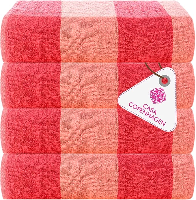 CASA COPENHAGEN Malibu Beach Towels Designed in Denmark Rough and Tough, Quick Dry, for Pool, Bath & Shower 30x60 inches 4 Pieces Cotton Beach Bath Towels Set - Pink