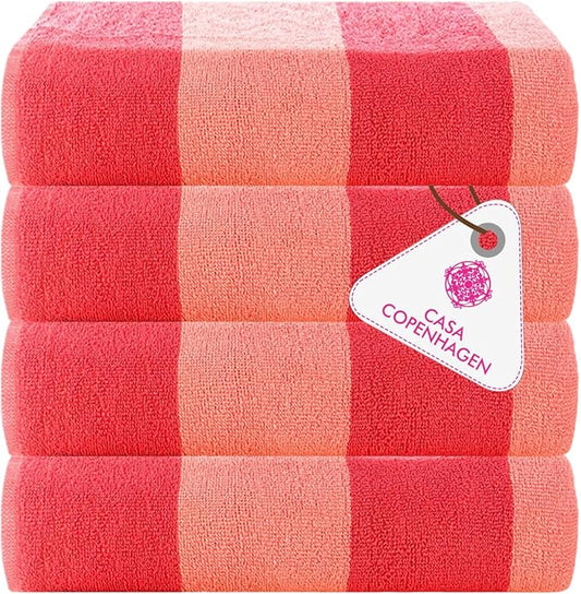 CASA COPENHAGEN Malibu Beach Towels Designed in Denmark Rough and Tough, Quick Dry, for Pool, Bath & Shower 30x60 inches 4 Pieces Cotton Beach Bath Towels Set - Pink