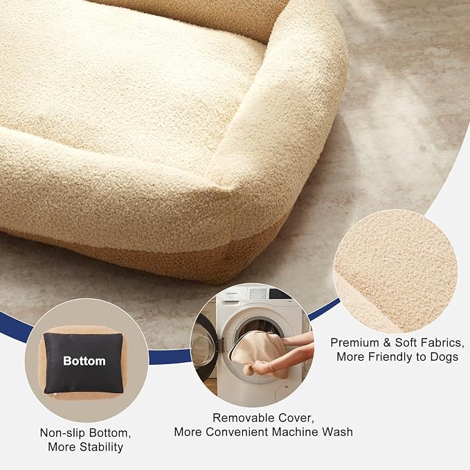 FURTIME Washable Dog Bed Medium Large Size Dogs, Rectangle Comfy Fluffy Pet Bed, Removable Zipper Cover Machine Wash, Soft Orthopedic Bed Durable Pet Cuddler with Anti-Slip Bottom,30"x24"x8",Beige