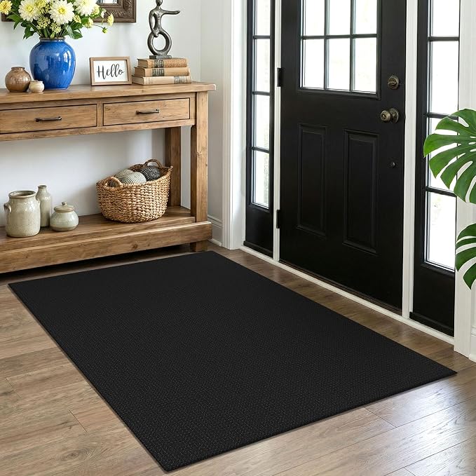 EARTHALL Woven Area Rug 4x5 Ft Washable Rugs for Entryway Non Slip Braided Throw Rugs Bedroom Carpet Cotton Entry Rug Cotton Floor Carpets for Bedroom Dining Room Living Room, Black/Grey