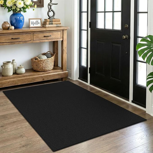 EARTHALL Woven Area Rug 4x5 Ft Washable Rugs for Entryway Non Slip Braided Throw Rugs Bedroom Carpet Cotton Entry Rug Cotton Floor Carpets for Bedroom Dining Room Living Room, Black/Grey