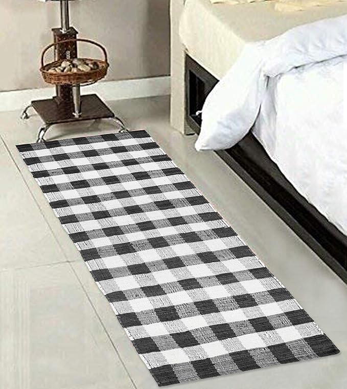 GLAMBURG Cotton Reversible Area Runner Rug 2' x 6' for Bedroom Living Room Kitchen Hallways Front Porch Laundry Room, Handwoven Farmhouse Floor Mat, Washable Checkered Plaid Runner Rug Black White