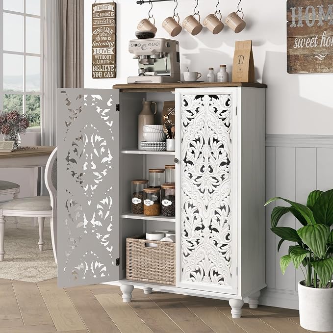 JOINICE 47" Accent Storage Cabinet with Carved Doors,White Buffet Cabinet with Solid Wood Legs & 100lbs Capacity, Farmhouse/Rustic/Boho Style for Living Room, Dining Room, Bedroom, Hallway, Study
