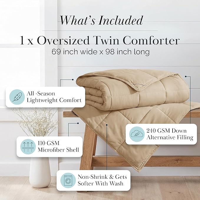 Southshore Fine Living, Inc. Twin/XL Comforter/Duvet Insert, Down-Alternative Taupe Comforter/Bedspread Twin Size, Soft, Fluffy Microfiber, Machine Washable, Pet Hair Resistant Bedding, Taupe