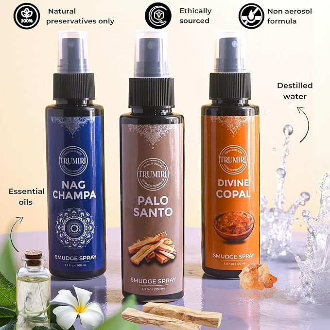 Set of 3 Smudge Sprays Palo Santo|Nag Champa|Copal for Cleansing Negative Energy and Protection - Natural Room Sprays and Body Mists Made with Non Toxic Essential Oils