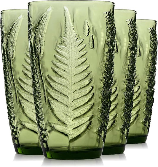 Green Drinking Glasses Set of 4, 16 oz Vintage Hand-Pressed Glass Cups, Fern Textured Highball Tumblers, Antique Style Boho Glassware for Water, Juice, Cocktails & Mocktails, Housewarming Gift Set