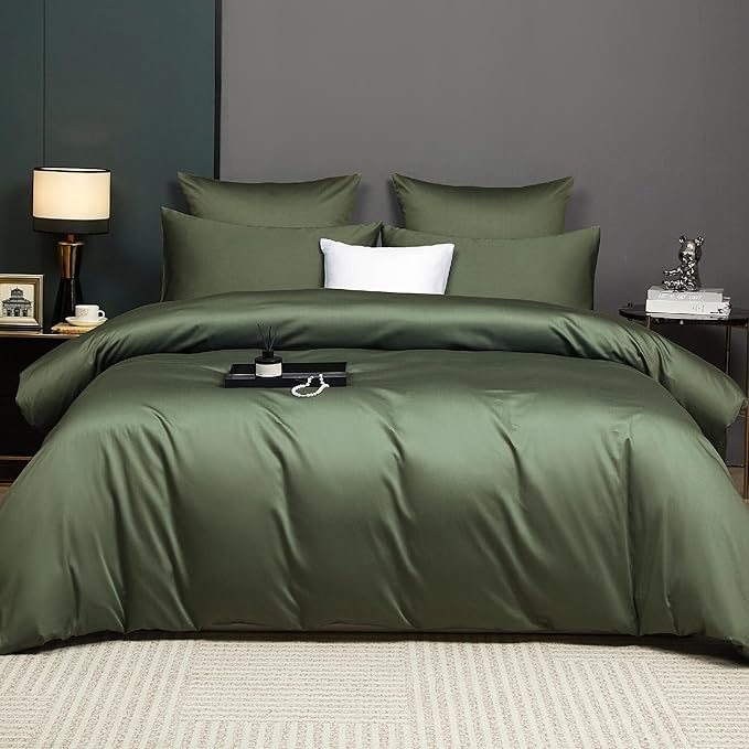 Olive Green Cotton Duvet Cover Set Twin 100% Long-Staple Cotton Sateen Bedding Set, Soft Breathable Smooth Organic Pure Cotton Plain Comforter Cover, Luxury Minimalist Bedroom Decor for All Season