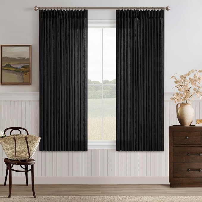 Black Linen Semi Sheer Curtains 63 Inch Length 2 Panel Set for Kitchen Dining Small Windows Pinch Pleated Boho Linen Light Filtering Curtains Privacy Pinch Pleat Back Tab for Living Room Bedroom
