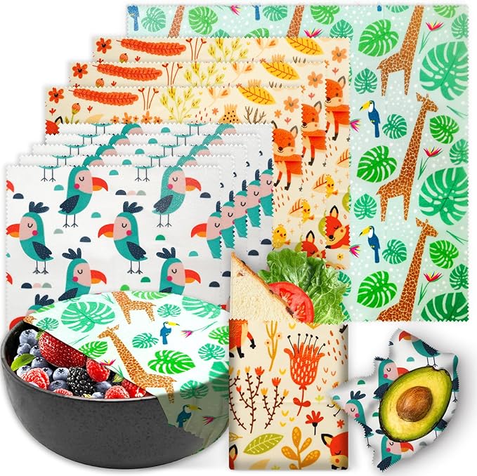 Reusable Beeswax Wrap - 9 Pack, Beeswax Wraps for Food, Eco-Friendly Beeswax Food Wrap, Organic, Sustainable, Biodegradable, Zero Waste, Plastic-Free Food Storage (1L Giraffe | 3M Fox | 5S Bird)