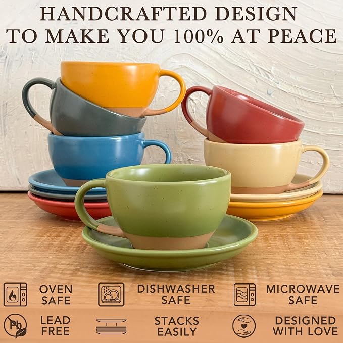 MORA Ceramic Latte Art Mug With Saucer - 10.5 oz, Round Bottom For Perfect Pours - Cafe Cups for Cappuccino, Espresso, Coffee, Tea etc - Porcelain Set for Baristas, Great Gift - Moss Green