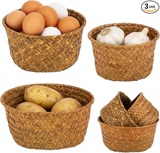 3 Set Small Seagrass Woven Storage Baskets, Natural Woven Round Basket Bin for Farmhouse Kitchen Countertop Pantry Shelf Organization, Stackable Mini Fruit Vegetable Holder