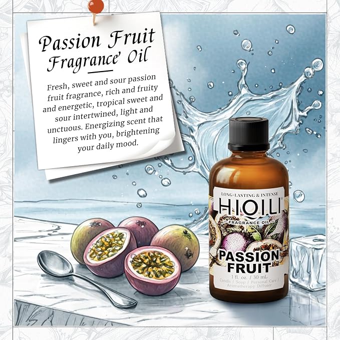 HIQILI Passion Fruit Fragrance Oil for Candle, Soap Making & Diffuser | for Home Aromatherapy, Oil Burner, Great for Body Scrubs Making, Add to Body Lotion - 1 FL Oz / 30ML